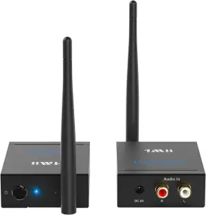 1Mii (1 TX + 1 RX) Drahtlos Audio Sender Empfänger, 2.4G Große Reichweite, Low Latency für HiFi-Musik von TV/PC zu Aktivlautsprechern/Stereo/Subwoofer/CD, Cinch-Ausgang/Eingang, 320ft