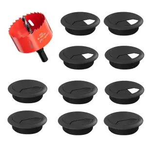 10 Stück Kabeldurchlässe 60mm Schwarz – Kabelkanal mit Lochsäge für Schreibtisch