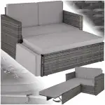 tectake Sofa Set - 2 Sitzer Sessel mit Hocker und Schlaffunktion, kleine Rattan Couch als Outdoor Gartenmöbel, wetterfest für Lounge, Balkon und Garten, klappbar mit Polstern