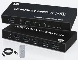 8K HDMI 2.1 Switch - 5 in 1 Out HDMI Switch 8K@60Hz 4K@120Hz mit Fernbedienung, 
