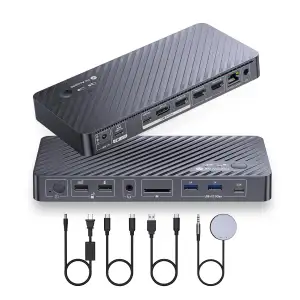 AV Access Dockingstation Dual Monitor für Laptop & Desktop, KVM Switch 2 Monitore 2 Computer mit Ethernet, EDID, 4K @ 60Hz Dual Display, 4xUSB-A, 1xUSB-C, Netzteil für Laptop, Audio, SD