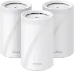 TP-Link Deco BE65 Wi-Fi 7 Mesh WLAN Set(3 Pack), Tri-Band 5760 Mbit/s (6 GHz) + 2880 Mbit/s (5 GHz) + 574 Mbit/s (2,4 GHz), 6 Streams, 4× 2,5G Ports, 1× USB 3.0