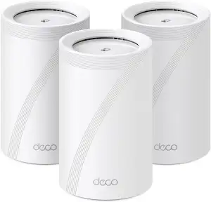 TP-Link Deco BE65 Wi-Fi 7 Mesh WLAN Set(3 Pack), Tri-Band 5760 Mbit/s (6 GHz) + 2880 Mbit/s (5 GHz) + 574 Mbit/s (2,4 GHz), 6 Streams, 4× 2,5G Ports, 1× USB 3.0
