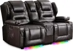 Elektrisch Verstellbar Kinosessel 2 Sitzer mit Liegefunktion, Zweisitzer Relaxsessel Fernsehsessel mit Bluetooth-Lautsprecher, 2er TV Sessel mit LED/USB (Kunstleder Braun, 2er mit Konsole)