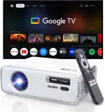 Aurzen Eazze D1G Beamer mit offiziellem Google TV, Smart Beamer 4K unterstützt Full HD 1080P, DoIby Audio, Autofokus & Trapezkorrektur, WiFi Bluetooth Heimkino & Outdoor Projektor, Weiß