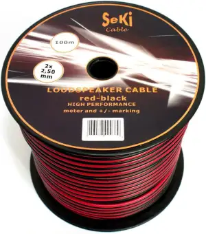 SeKi Lautsprecherkabel Rot/Schwarz 2x 2,50mm² – 100 Meter Spule | CCA-Kupfer Box