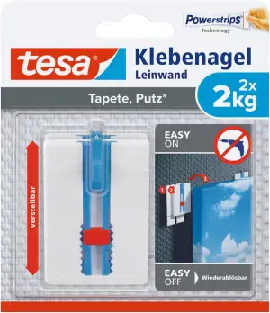 tesa Klebenagel Tapeten & Putz - höhenverstellbar - selbstklebender Nagel - ideal für Leinwand & Keilrahmen - Halteleistung 2kg/Nagel - spurlos ablösbar