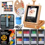 66-teiliges Acrylmalset mit Tischstaffelei, 32 Acrylfarben (je 22 ml), Pinselset mit Etui, Leinwänden – Komplettes Künstlerbedarfset für Erwachsene, Künstler und Anfänger