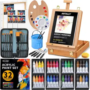 66-teiliges Acrylmalset mit Tischstaffelei, 32 Acrylfarben (je 22 ml), Pinselset mit Etui, Leinwänden – Komplettes Künstlerbedarfset für Erwachsene, Künstler und Anfänger