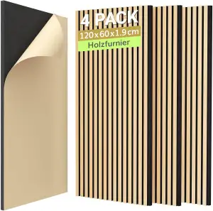 TONOR Holzfurnier Akustikpaneele selbstklebend,2,88m²-4 Stück 120x60x1,9cm 3D Wandpaneele Holzopt...